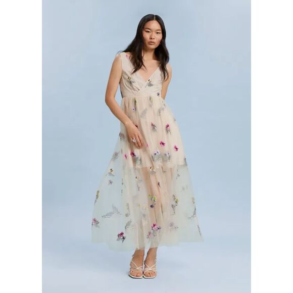 & OTHER STORIES Floral Embellished Tulle Maxi Dress Sz 34 (US 4) - Picture 1 of 7